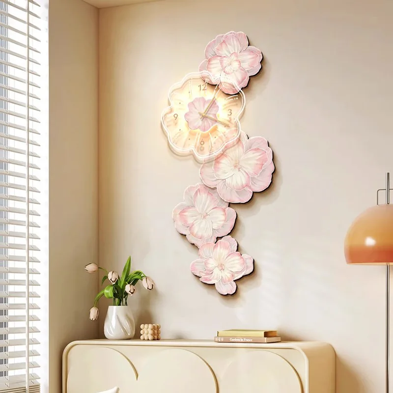 Lighting Home Decor Wall Clocks - Pink Flower Light Luxury Wall Clock