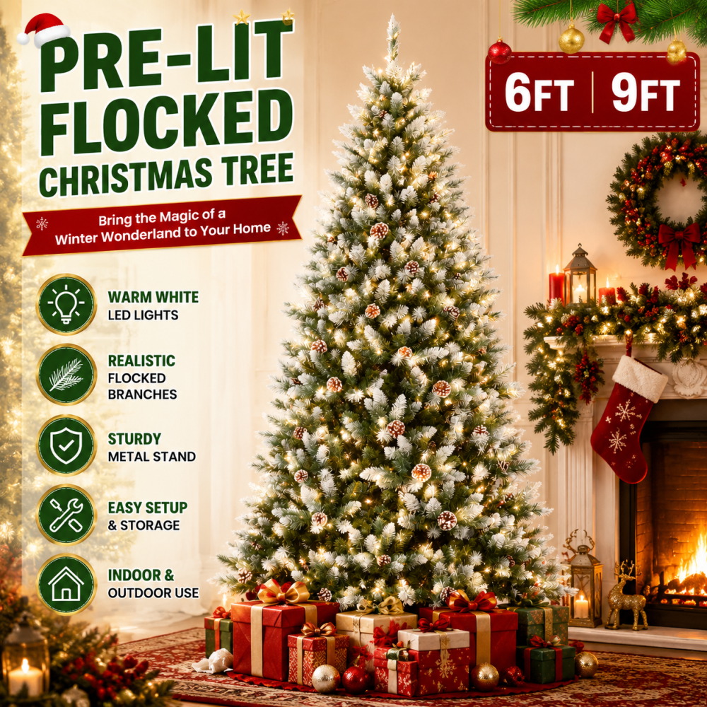 Lighting Decoration Stand - Pre-Lit Flocked Artificial Christmas Tree 6‘/9’